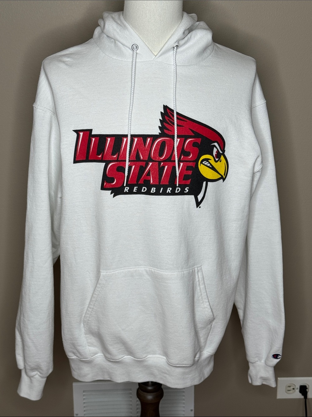 Champion mens Illinois State University white hooded sweatshirt size L.